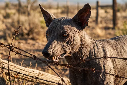 Hairless Canine Creature Behind Rusted Barbed Wire