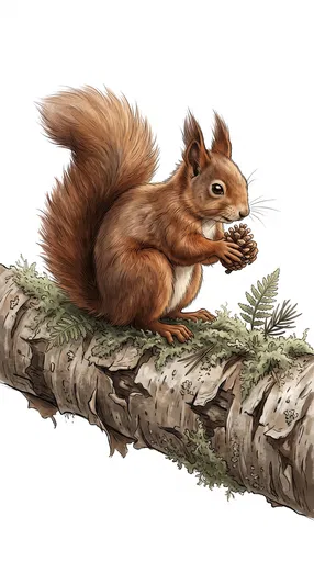Red Squirrel Holding Pinecone on Birch Log