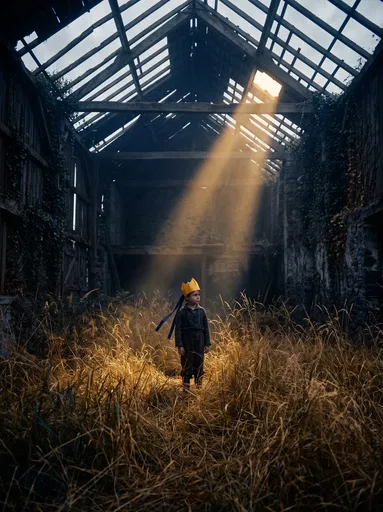 Child in Paper Crown in Ruined Barn