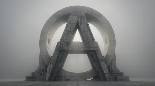 Brutalist Concrete Circle A Monument in Fog