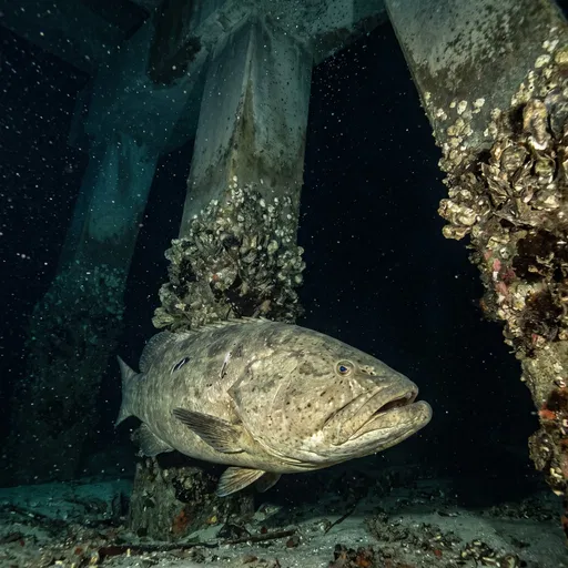 Large Grouper Under Bridge Pilings at Night