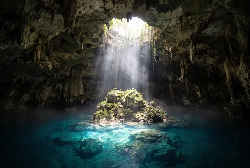 Sunbeam Illuminating Underground Cenote Cavern Lake