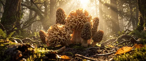 Sunlit Morel and Cauliflower Mushrooms in Forest