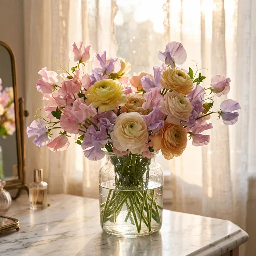 Pastel Bouquet in Glass Vase at Sunrise