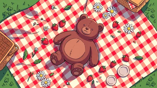 Teddy Bear on Checkered Picnic Blanket