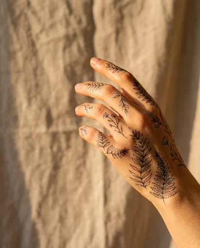 Hand With Botanical Fern Line Art