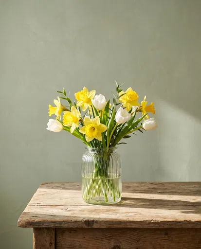 Yellow Daffodils and White Tulips in Vase