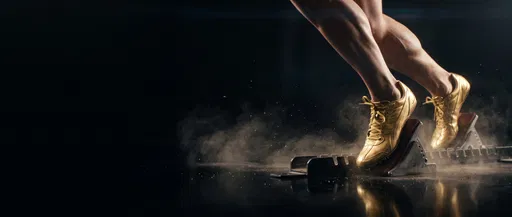 Sprinter in Gold Shoes on Starting Blocks