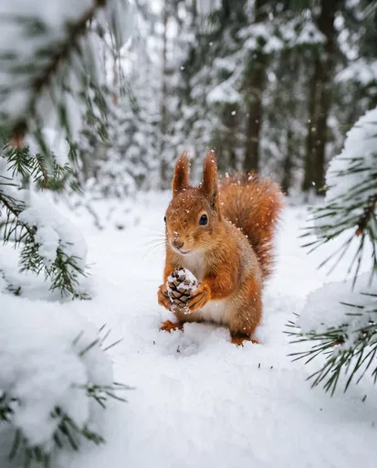 Red Squirrel Holding Pinecone in Snow