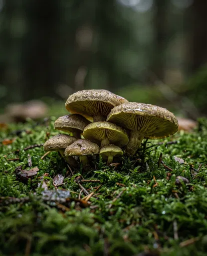 Cluster of Woodland Mushrooms on Moss
