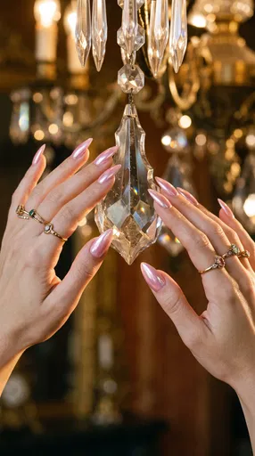 Pink Chrome Stiletto Nails Framing Chandelier Crystal
