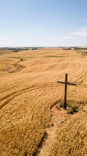 Rustic Wooden Cross in Golden Wheat Field