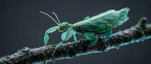 Green Leaf Insect on Wet Twig