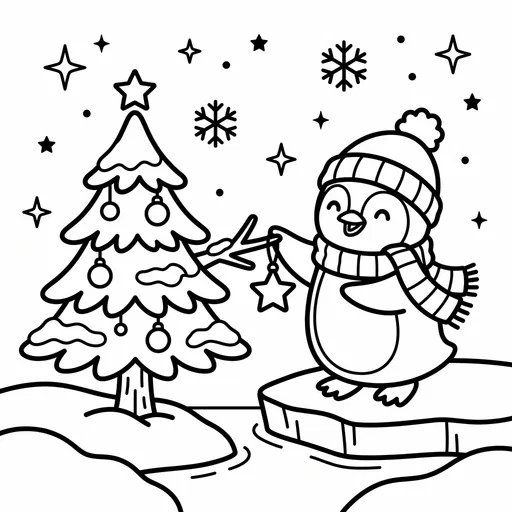 Cute Penguin Decorating Christmas Tree Coloring Page