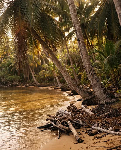 Coconut Palms Over Tropical Cove at Sunset
