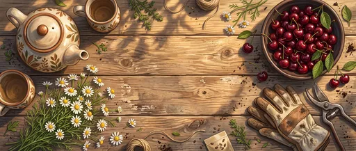 Rustic Garden Table Flat Lay Illustration