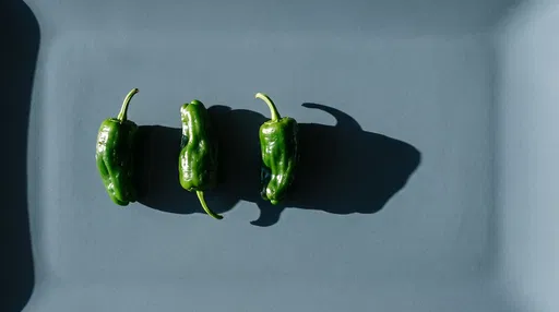 Three Green Padron Peppers on Slate Tray