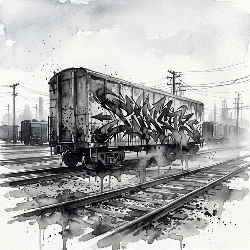 Monochrome Watercolor Freight Train With Graffiti