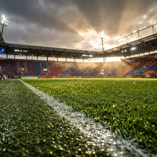Rainy Soccer Stadium Turf at Sunset