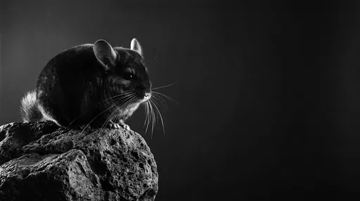 Monochrome Chinchilla Perched on Basalt Rock