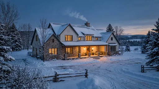 Modern Farmhouse in Snowy Blue Hour
