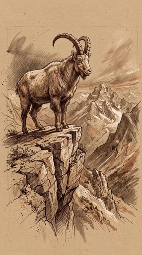 Sepia Mountain Goat Cliff Illustration
