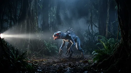 Reptilian Chupacabra in Misty Night Rainforest