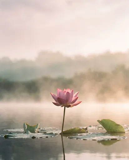 Pink Lotus Flower in Misty Dawn Pond