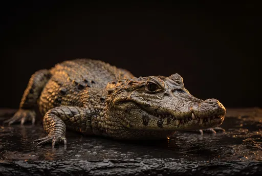 Spectacled Caiman on Wet Black Slate
