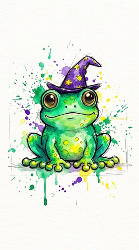 Watercolor Frog in Wizard Hat
