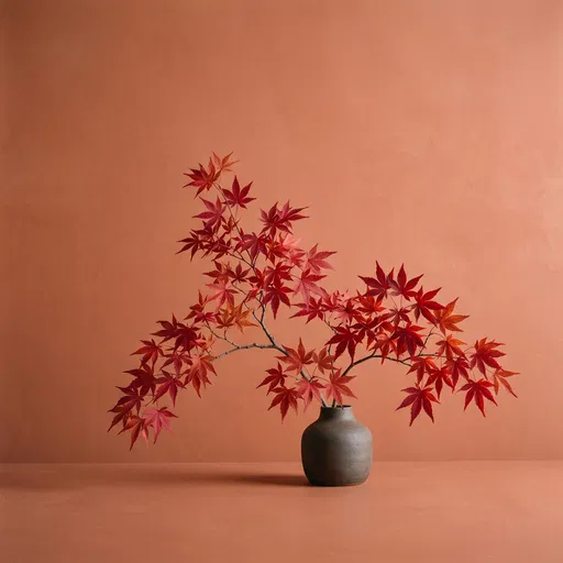 Red Japanese Maple Branch in Ceramic Vase