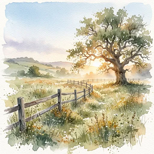 Watercolor Sunrise Meadow With Oak Tree