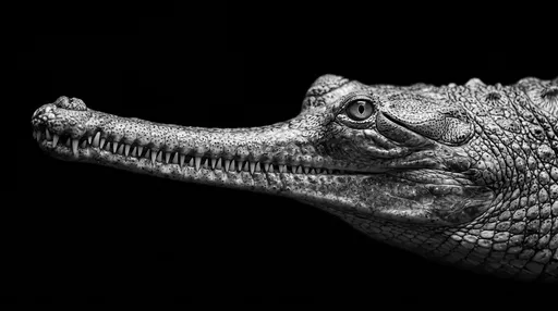 Monochrome Profile Portrait of Gharial Crocodile