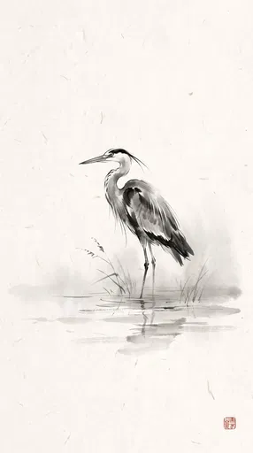 Sumi-e Ink Wash Painting of Heron