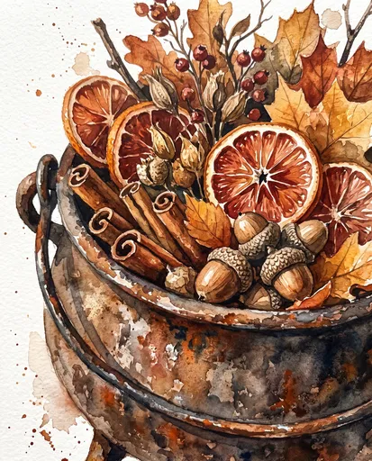 Watercolor Cauldron with Autumn Botanicals