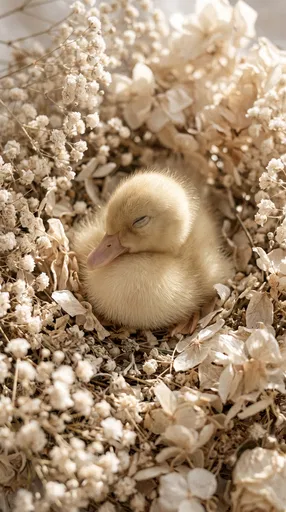 Sleeping Yellow Duckling in Dried Flowers