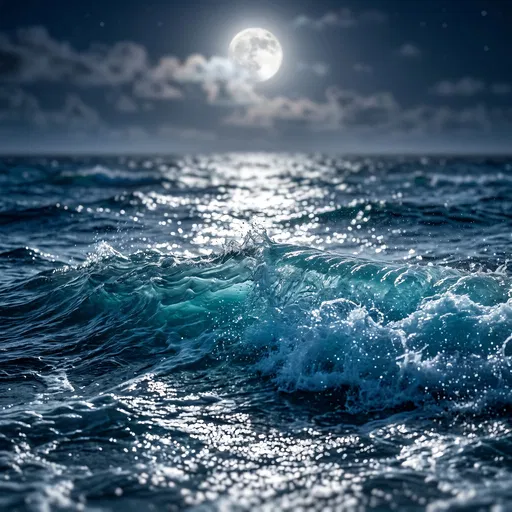 Turquoise Ocean Wave Under Full Moon
