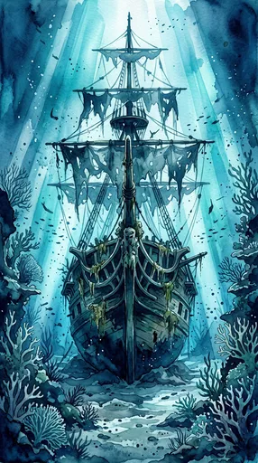 Watercolor Illustration of Sunken Pirate Shipwreck