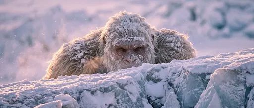 Yeti Peering Over Glacial Ice Ridge