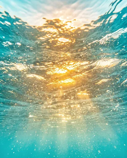 Golden Sunlight Refracting Through Turquoise Underwater Surface