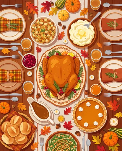 Thanksgiving Feast Table Flat Lay Illustration