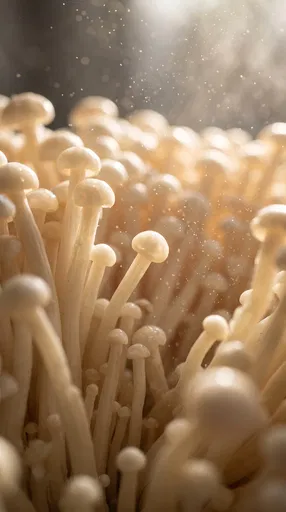Close-Up of Backlit Ivory Enoki Mushrooms