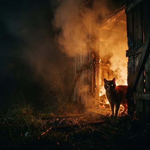 Cat Silhouette in Burning Barn Doorway
