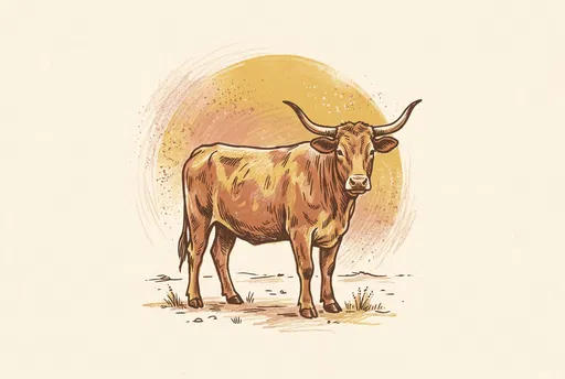 Horned Cow Illustration Before Rising Sun