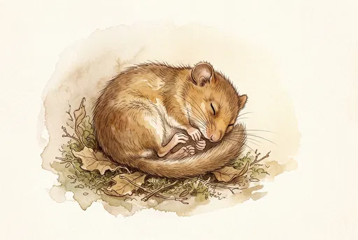 Watercolor Illustration of Sleeping Woodland Dormouse