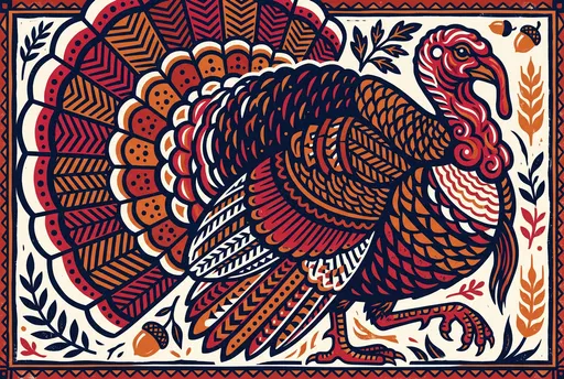 Folk Art Woodblock Turkey Illustration
