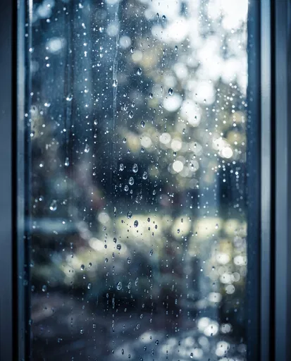 Raindrops on Glass Window with Bokeh