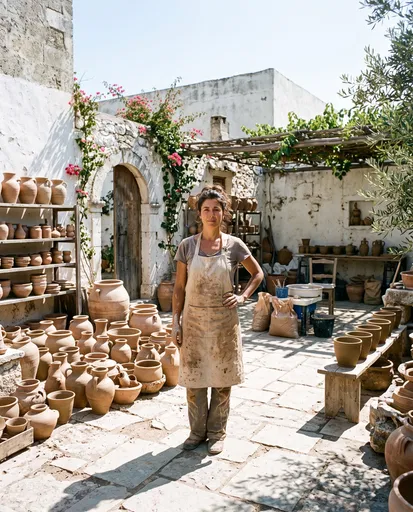 Female Ceramicist in Sunlit Mediterranean Courtyard