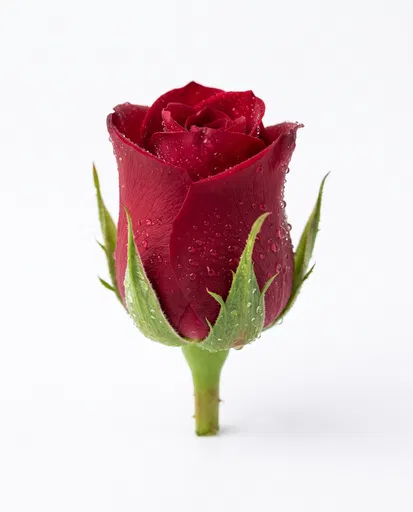 Red Rosebud With Dewdrops On White