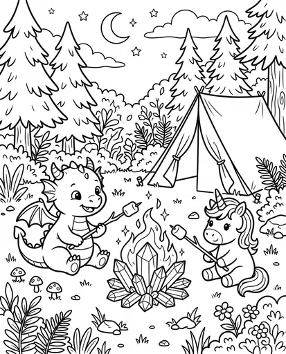 Dragon and Unicorn Camping Coloring Page